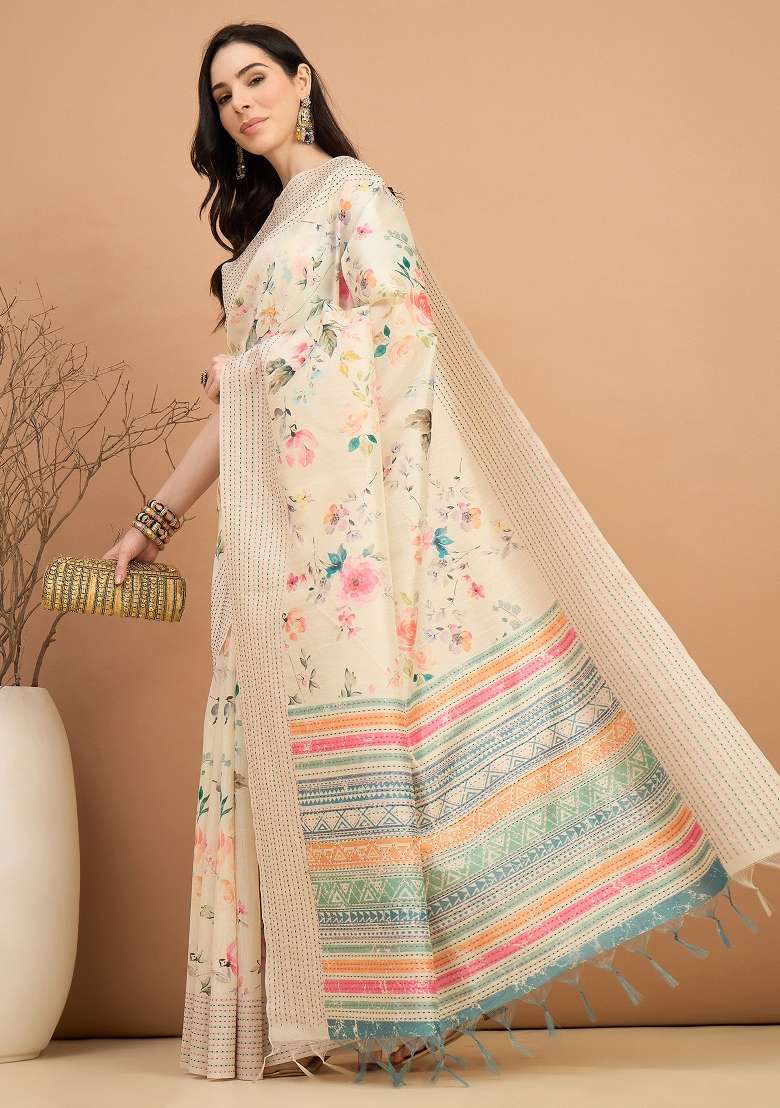 Off White Printed Silk Blend Cotton Saree Set - Indya