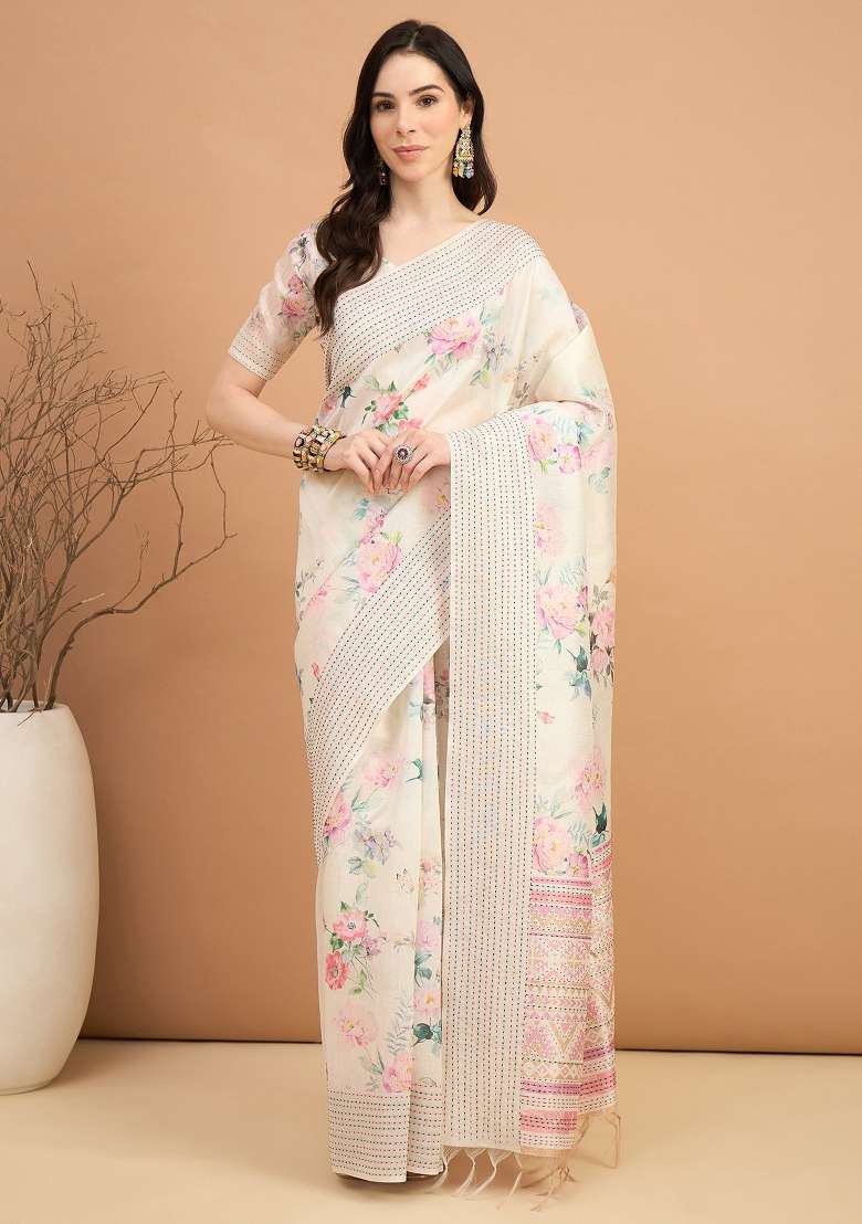 Off White Printed Silk Blend Cotton Saree Set - Indya