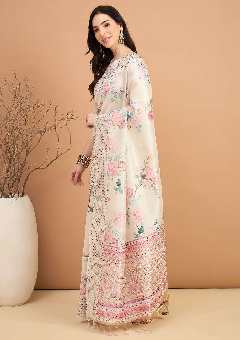 Off White Printed Silk Blend Cotton Saree Set - Indya