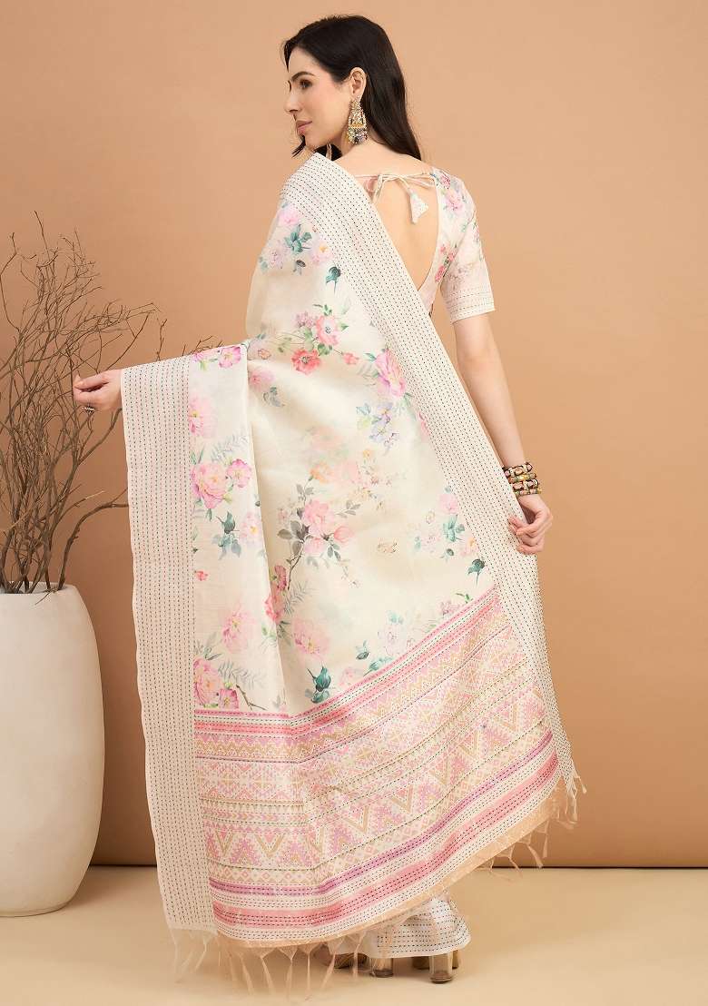 Off White Printed Silk Blend Cotton Saree Set - Indya