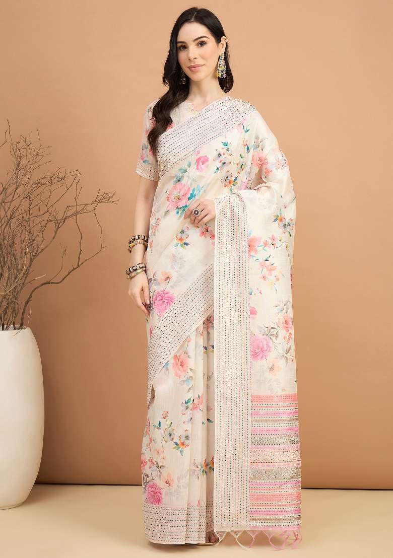 Off White Printed Silk Blend Cotton Saree Set - Indya