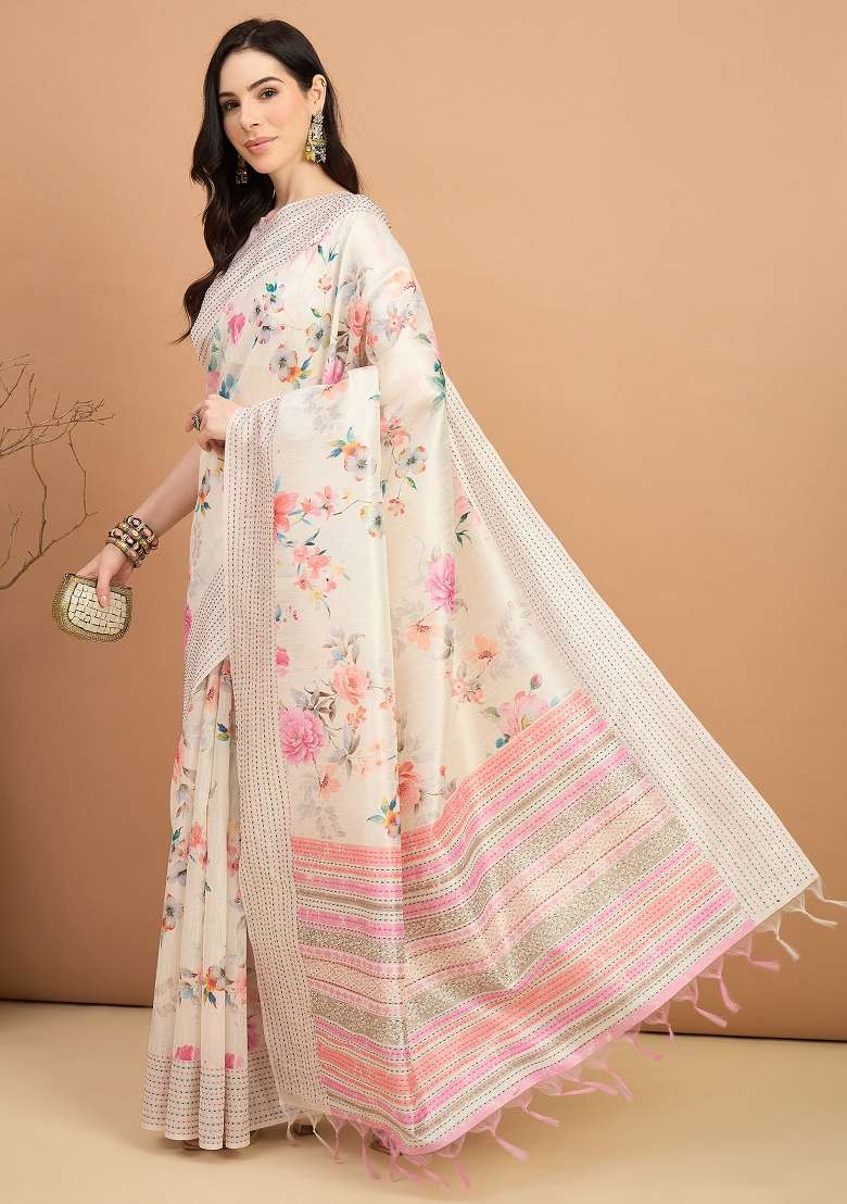 Off White Printed Silk Blend Cotton Saree Set - Indya