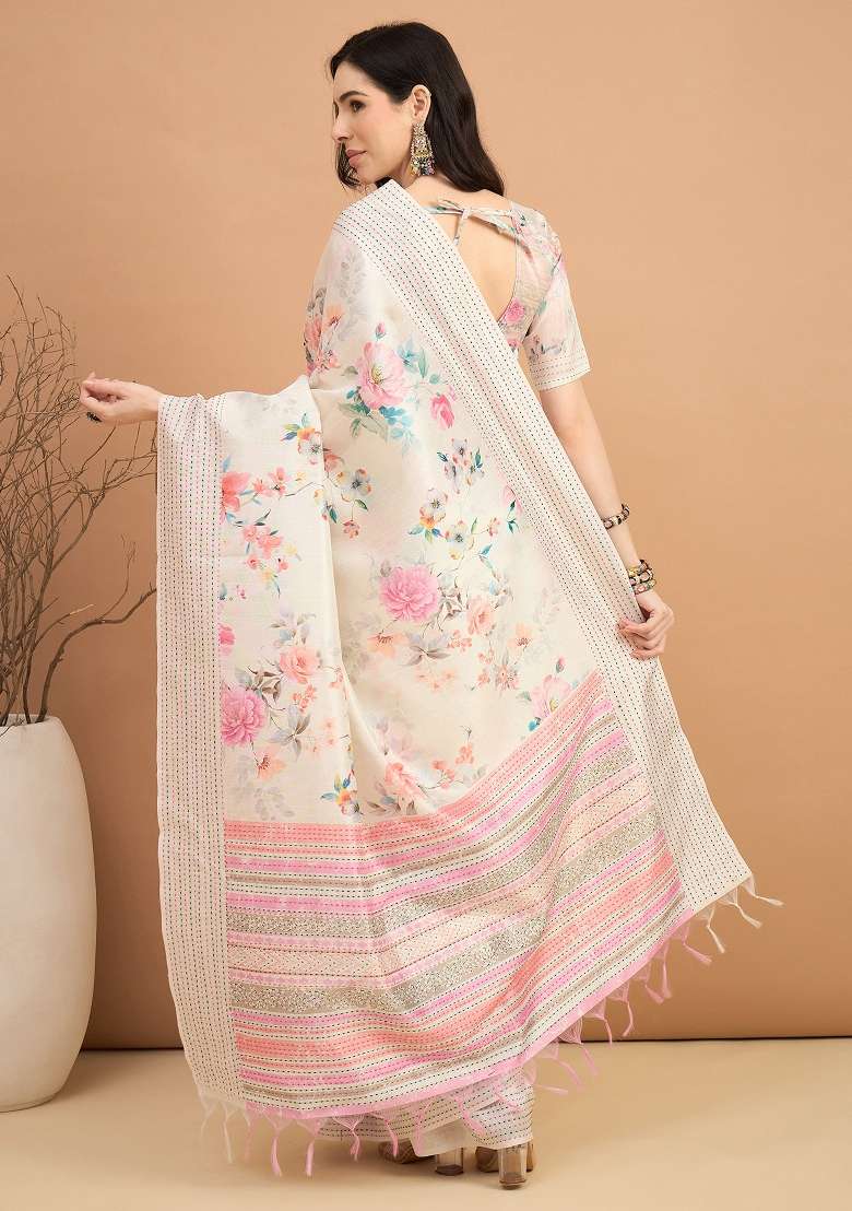 Off White Printed Silk Blend Cotton Saree Set - Indya
