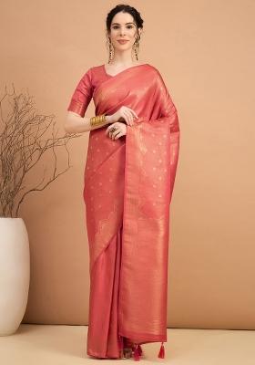 Rust Printed Satin Silk Saree Set
