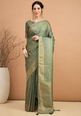 Light Green Printed Satin Silk Blend Saree Set