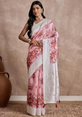 Pink Printed Cotton Blend Saree Set