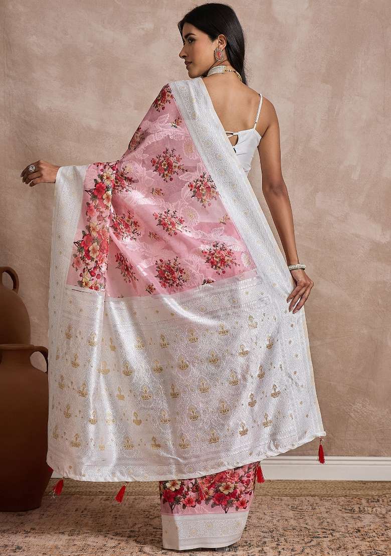 Pink Blend Cotton Saree Set with Printed for Diwali | Wedding & Festive Wear - Indya