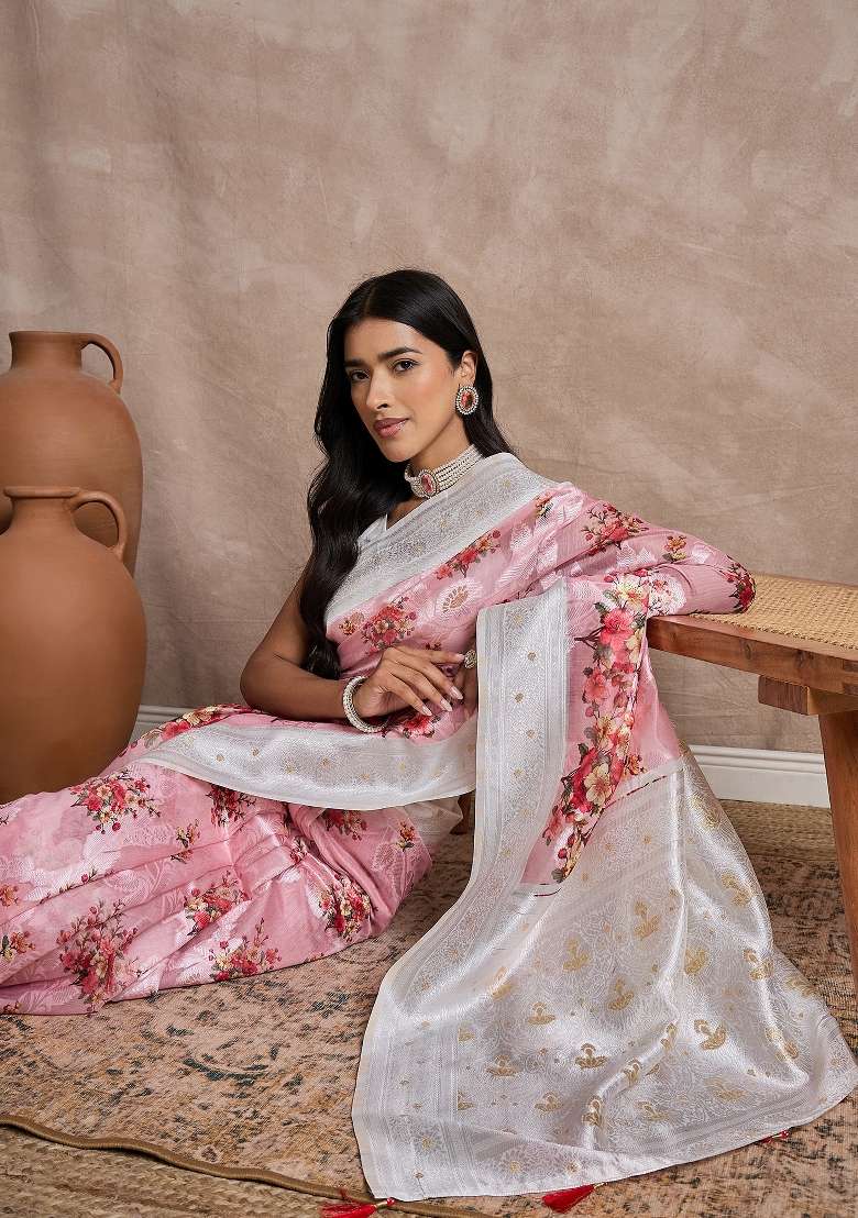 Pink Blend Cotton Saree Set with Printed for Diwali | Wedding & Festive Wear - Indya