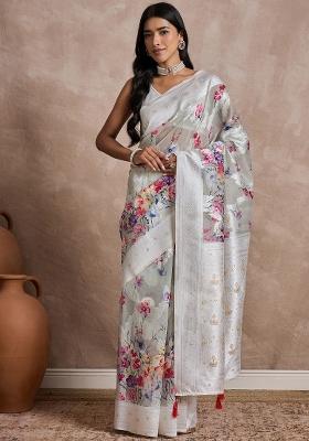 Light Green Printed Cotton Blend Saree Set