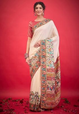 Cream Printed Viscose Silk Saree Set