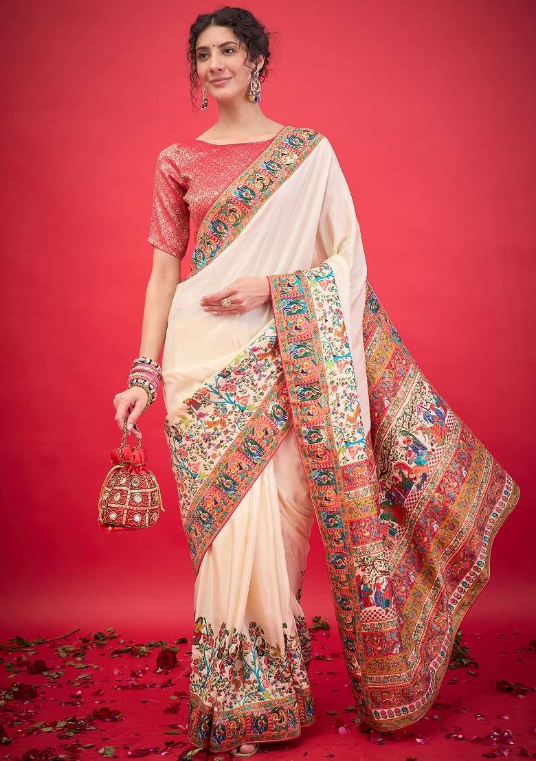 Cream Printed Viscose Silk Blend Saree Set - Indya
