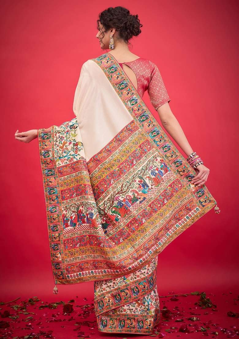Cream Printed Viscose Silk Blend Saree Set - Indya