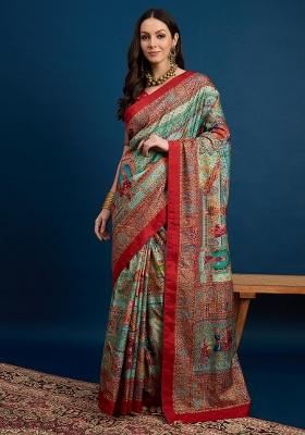 Light Blue Printed Dola Silk Saree Set