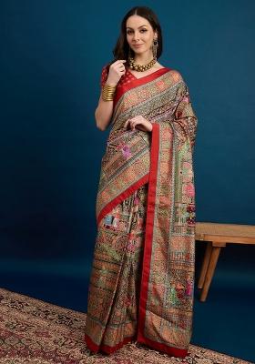 Black Printed Dola Silk Saree Set