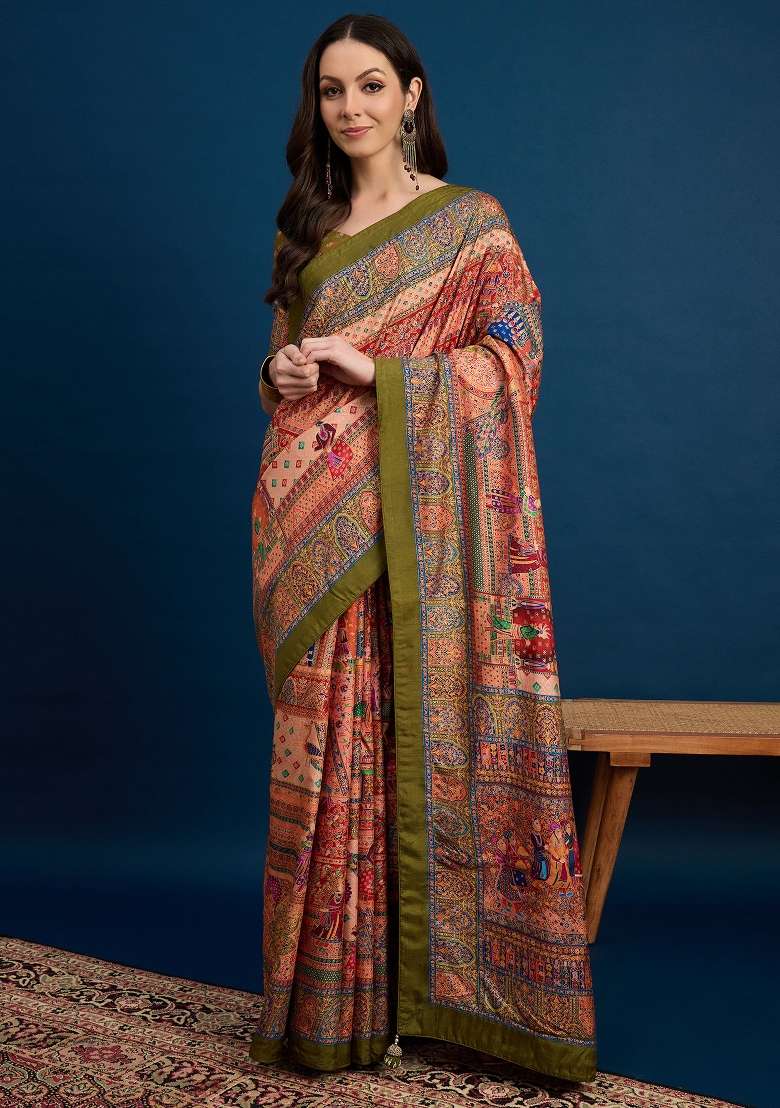 Peach Printed Dola Silk Blend Saree Set - Indya