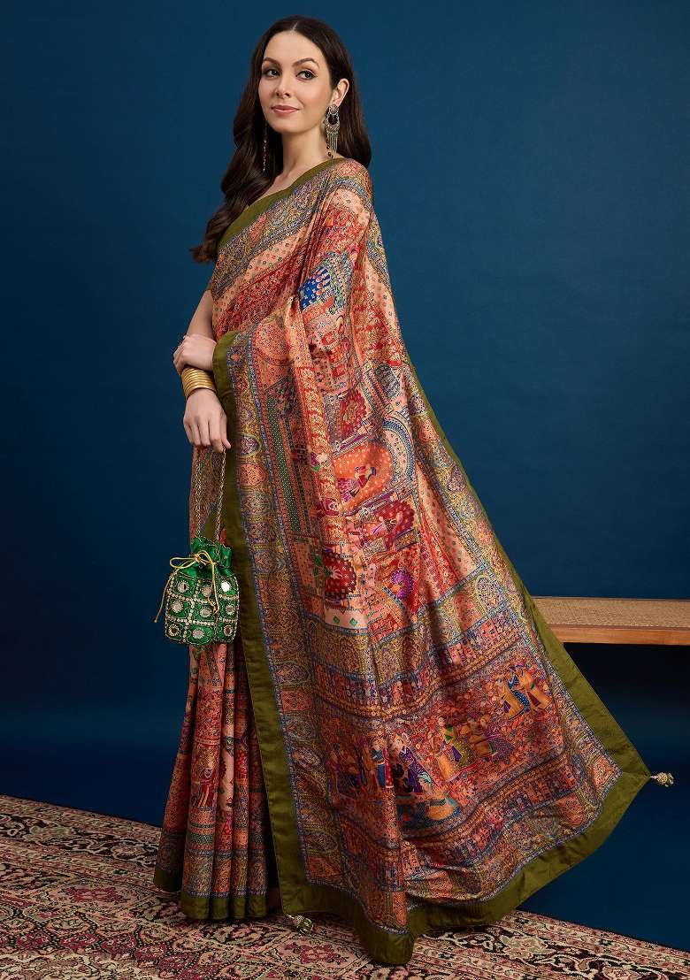 Peach Printed Dola Silk Blend Saree Set - Indya