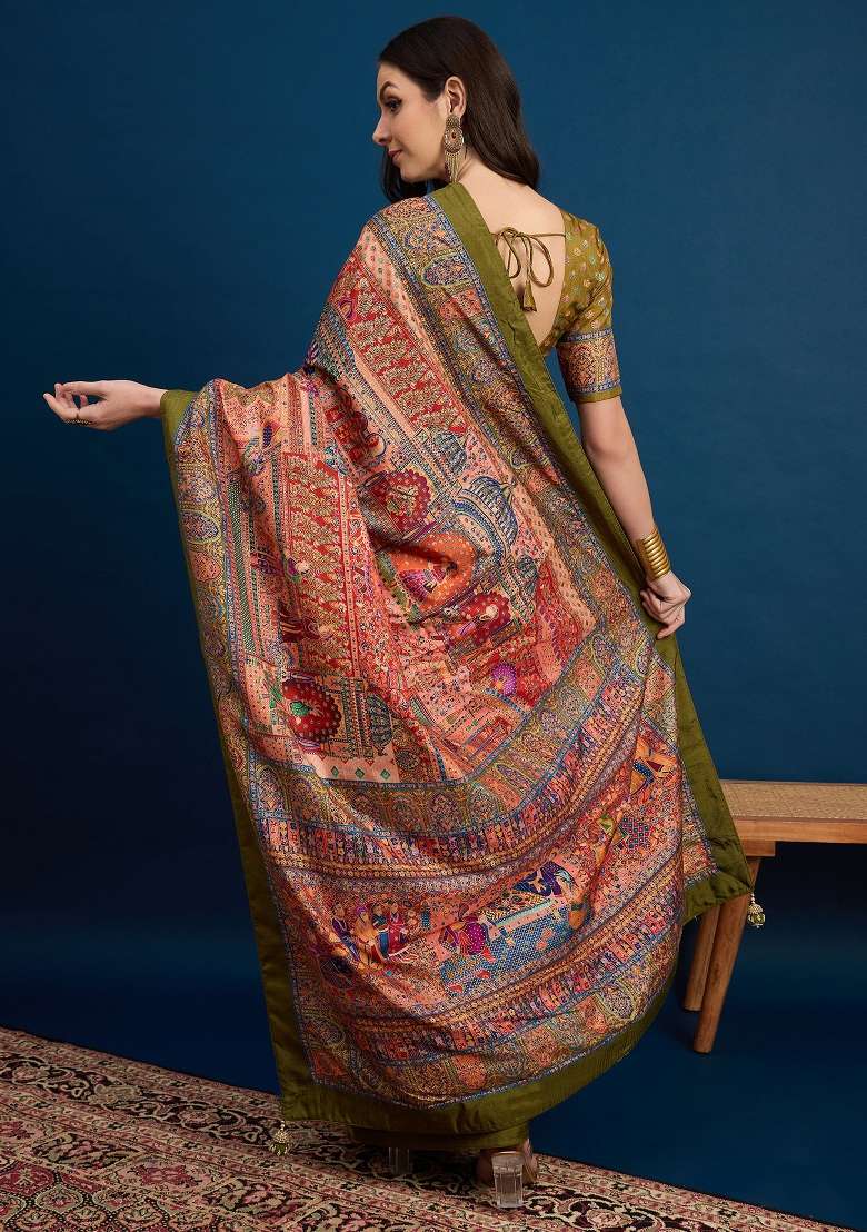 Peach Printed Dola Silk Blend Saree Set - Indya