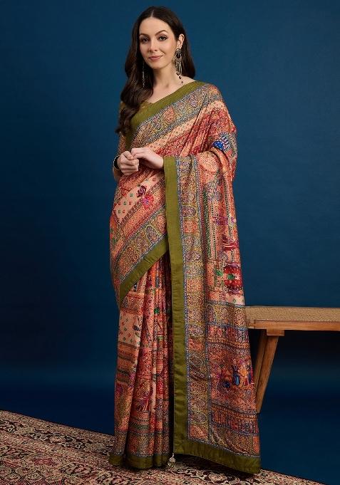 Peach Printed Dola Silk Saree Set — view on Indya