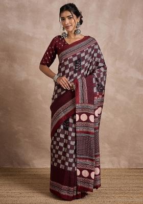 Maroon Printed Viscose Silk Saree Set