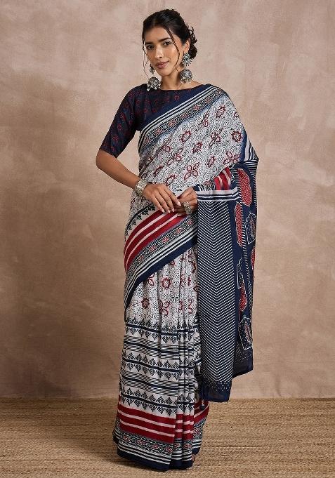 Off White Printed Viscose Silk Saree Set — view on Indya