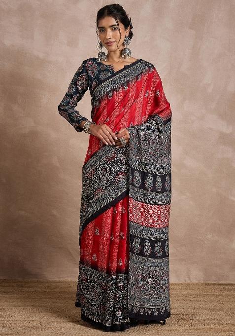 Red Printed Viscose Silk Saree Set — view on Indya