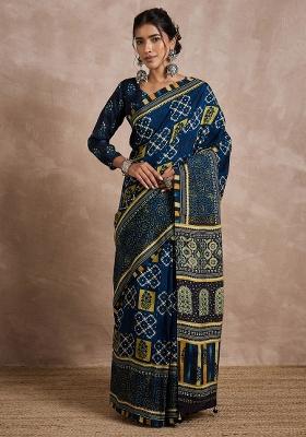 Navy Blue Printed Viscose Silk Saree Set
