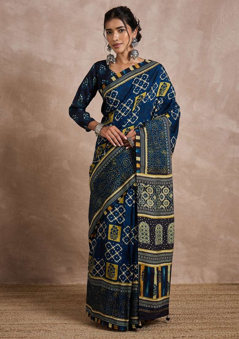 Navy Blue Printed Viscose Silk Blend Saree Set - Indya