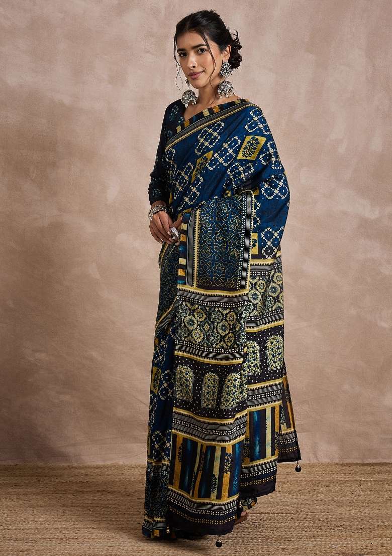 Navy Blue Printed Viscose Silk Blend Saree Set - Indya