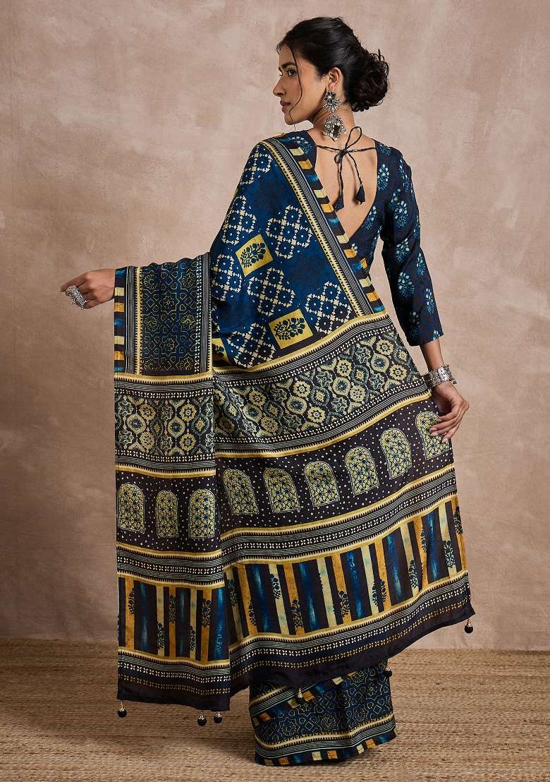 Navy Blue Printed Viscose Silk Blend Saree Set - Indya