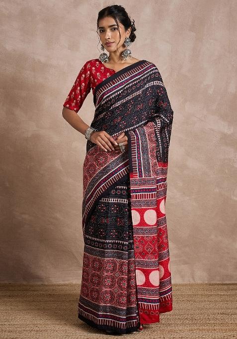Black Printed Viscose Silk Saree Set