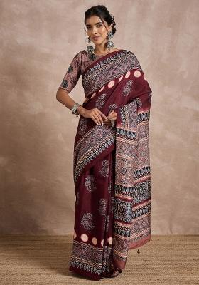 Maroon Printed Viscose Silk Saree Set