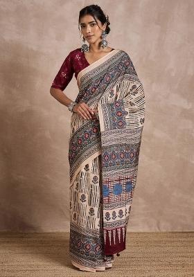 Cream Printed Viscose Silk Saree Set