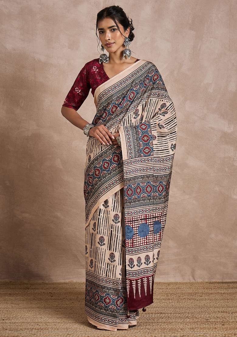 Cream Printed Viscose Silk Blend Saree Set - Indya