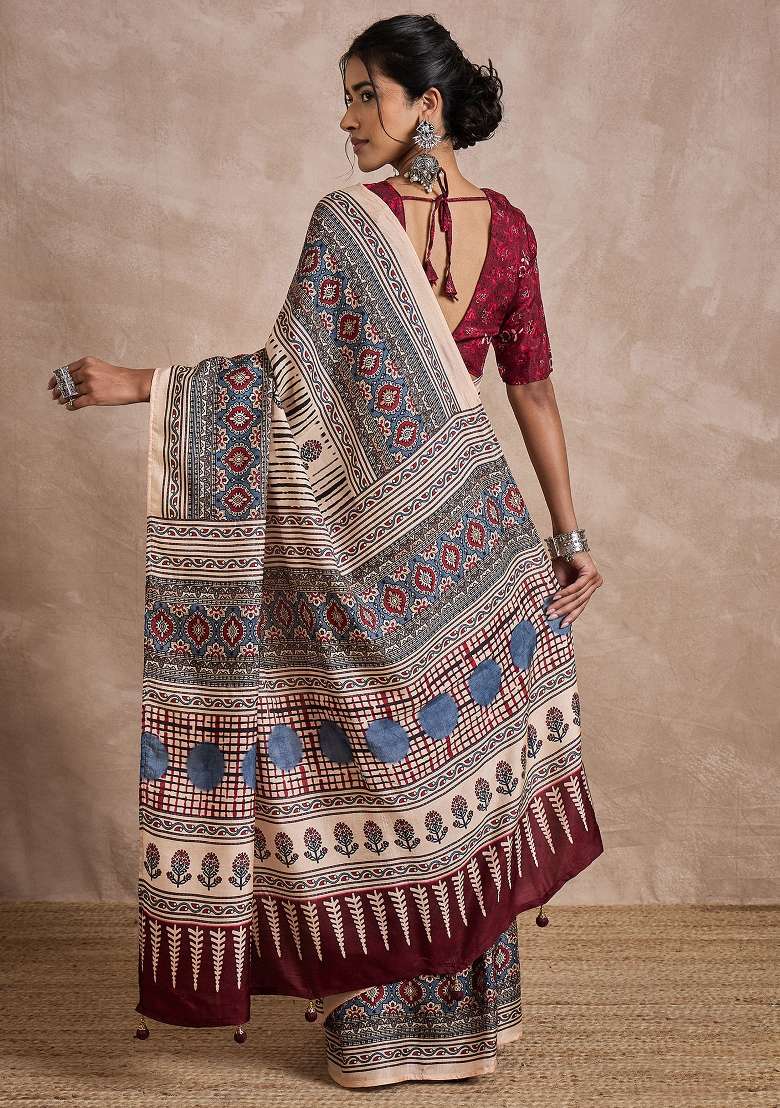 Cream Printed Viscose Silk Blend Saree Set - Indya