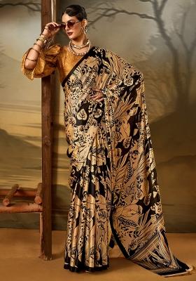 Beige Printed Crepe Saree Set