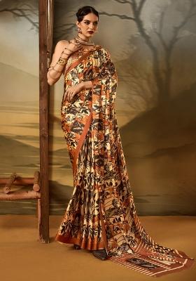 Beige Printed Crepe Saree Set