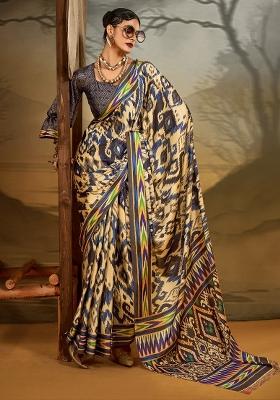Beige Printed Crepe Saree Set
