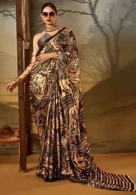 Beige Printed Crepe Saree Set