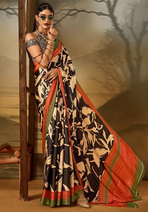 Black Printed Crepe Saree Set — view on Indya