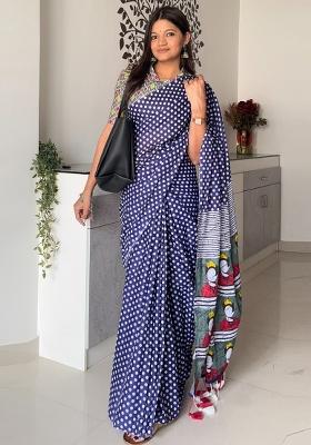 Navy Blue Printed Cotton Saree Set