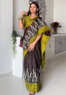 Brown Printed Cotton Saree Set