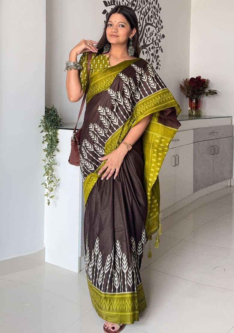 Brown Printed Cotton Saree Set for Diwali and Festive Wear - Indya
