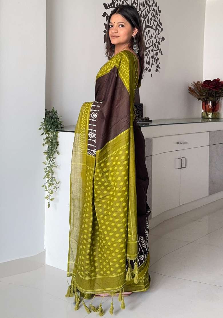 Brown Printed Cotton Saree Set for Diwali and Festive Wear - Indya