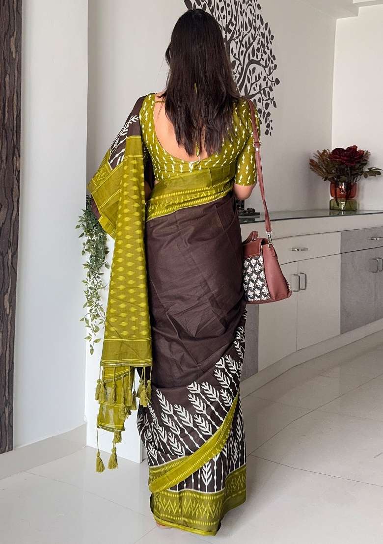 Brown Printed Cotton Saree Set for Diwali and Festive Wear - Indya