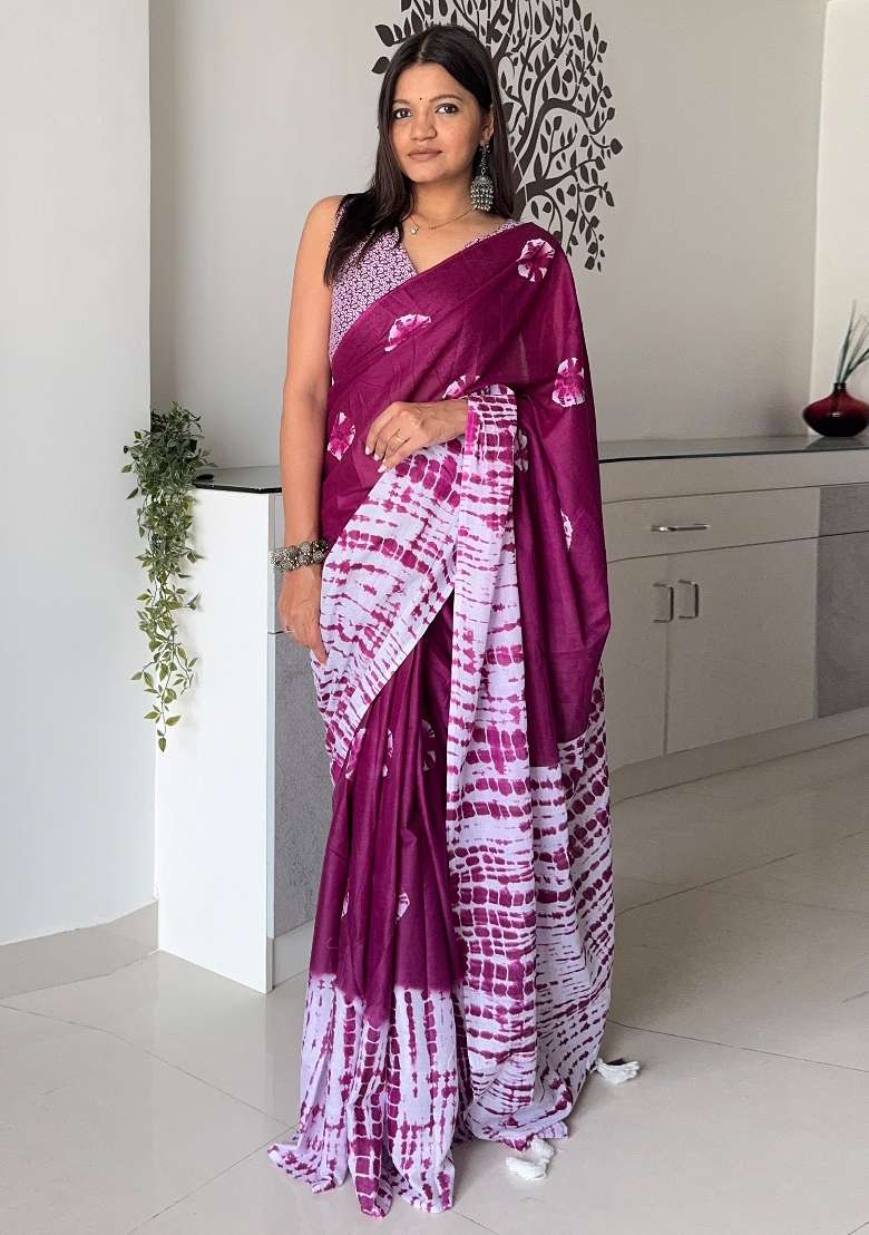 Magenta Cotton Saree Set with Printed for Diwali | Wedding & Festive Wear - Indya