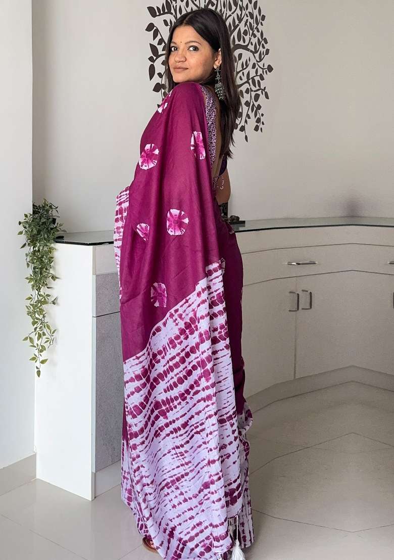Magenta Cotton Saree Set with Printed for Diwali | Wedding & Festive Wear - Indya