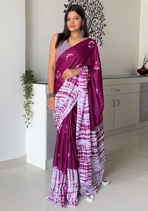 Magenta Printed Cotton Saree Set — view on Indya