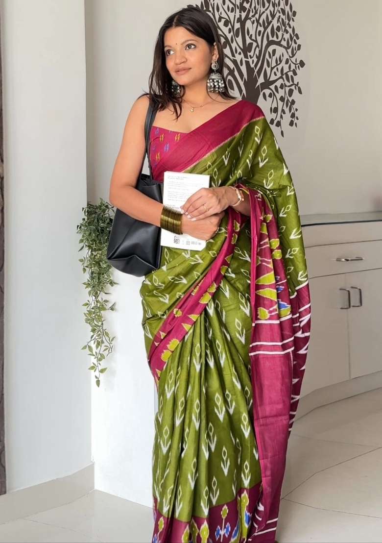 Light Green Printed Cotton Saree Set for Diwali and Festive Wear - Indya