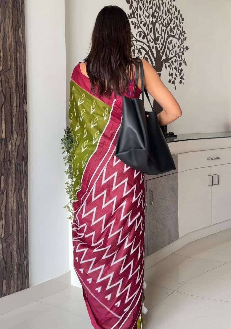 Light Green Printed Cotton Saree Set for Diwali and Festive Wear - Indya