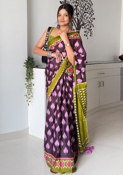 Burgundy Printed Cotton Saree Set — view on Indya